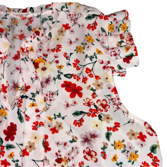 Les Amis Floral Tie Neck Blouse Size M Sleeveless Ruffle Shoulder Top - Picture 9 of 10
